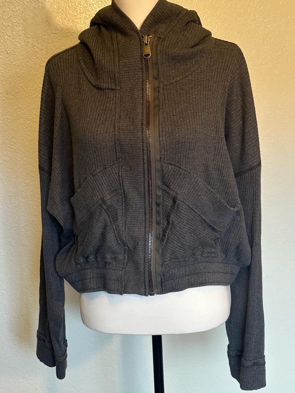 FP Movement Gray Ribbed Women’s Hooded Zip Jacket LG